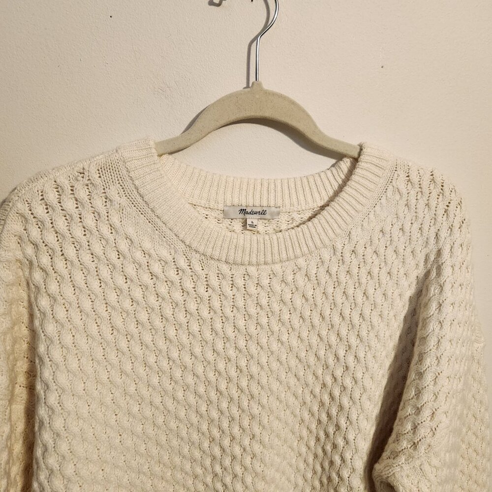 Madewell | Women's White Crewneck Knit Sweater w/ Blue Striped Trim (Size Large) - Picture 3 of 14